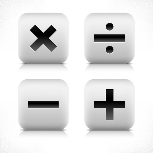 Піктограма калькулятора веб-кнопки каміння. Розділ, мінус плюс знак множення. Біла округла квадратна форма з чорною тінь і сірим відображенням на білому тлі. Векторні ілюстрації збережені в 8 eps
 - Вектор, зображення