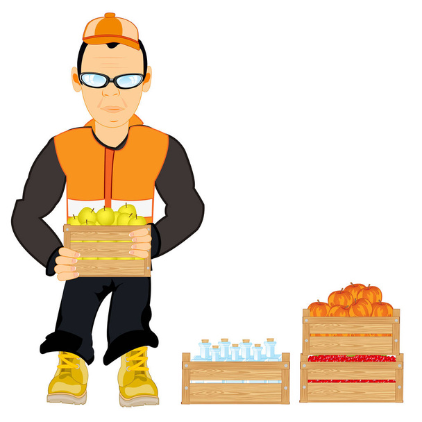 Vector illustration men worker unloading boxes with fruit - Vettoriali, immagini