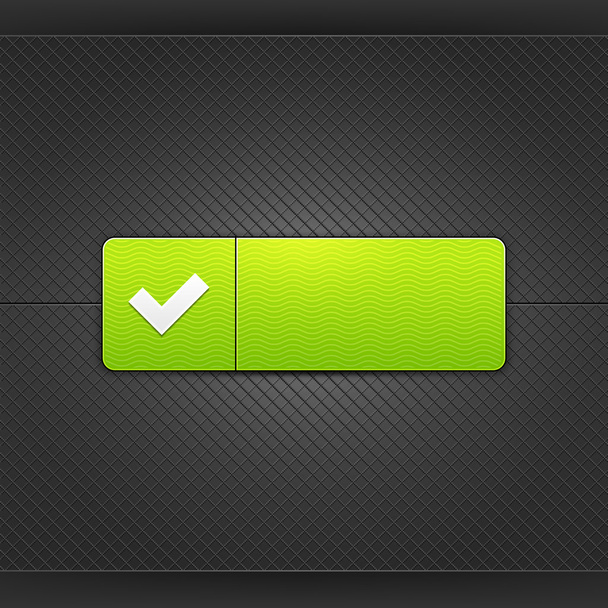 White check mark sign on green rounded rectangle web button. Glowing shape with drop shadow on black metal background. This vector illustrations saved in 10 eps. See more internet button in my gallery - Vektor, kép