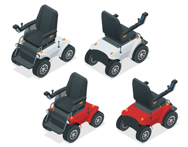 Isometric set of electric wheelchair. New large motorized electric wheelchair. Mobile scooter. - Vettoriali, immagini