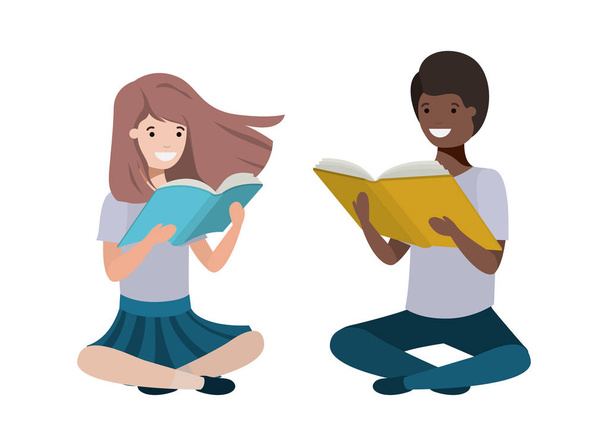 jóvenes estudiantes de etnia sentados leyendo libro
 - Vector, Imagen