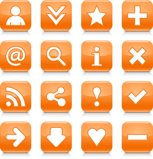 16 lesklé oranžové tlačítko základním znakem. zaoblený tvar internet web ikony s černý stín a reflexe na bílém pozadí. Tento vektorový obrázek prvky uložené 8 eps - Vektor, obrázek