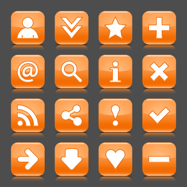 16 icône orange brillant avec signe de base. Bouton internet carré arrondi avec réflexion des couleurs et ombre noire sur fond gris foncé. Cette illustration vectorielle éléments de conception sauvé 8 eps
 - Vecteur, image