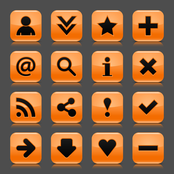 16 oranje icoontje met fundamentele web zwart teken. glanzende afgeronde vierkante vorm internet knop met druppel schaduw en kleur transparantie reflectie donker grijze achtergrond. vector illustratie ontwerp elementen 8 eps - Vector, afbeelding
