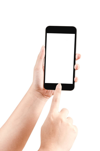 Close-up hand houden zwarte telefoon geïsoleerd op witte achtergrond. gebruiken voor het tonen van uw media of product. - Foto, afbeelding