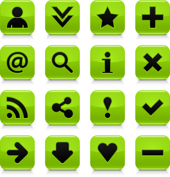 黒の基本的な記号の付いた 16 の光沢のある緑色のボタン。暗い影と白い背景の上の灰色の反射と丸みを帯びた正方形インターネット web アイコン。このベクトル図のデザイン要素を保存 8 eps - ベクター画像