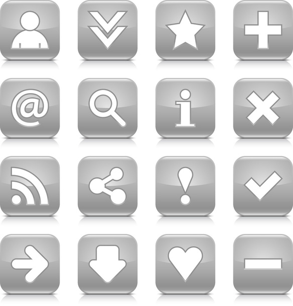 基本的な記号の付いた 16 の光沢のあるグレーのボタン。黒い影と白い背景に反射と丸みを帯びた正方形インターネット web アイコン。このベクトル図のデザイン要素を保存 8 eps - ベクター画像