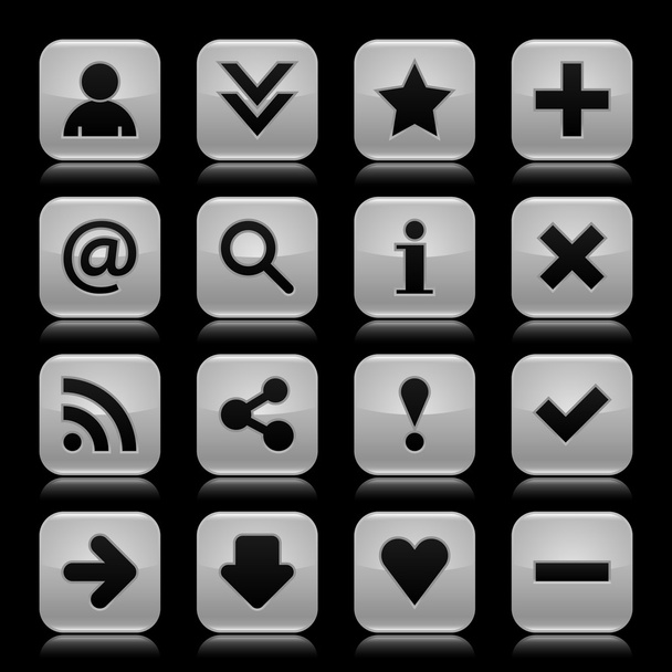 16 скляна сіра ікона з чорним основним знаком. Закруглена кнопка квадратної форми з відбиттям кольору на темно-чорному тлі. Векторні елементи дизайну ілюстрацій, збережені в 8 eps
 - Вектор, зображення