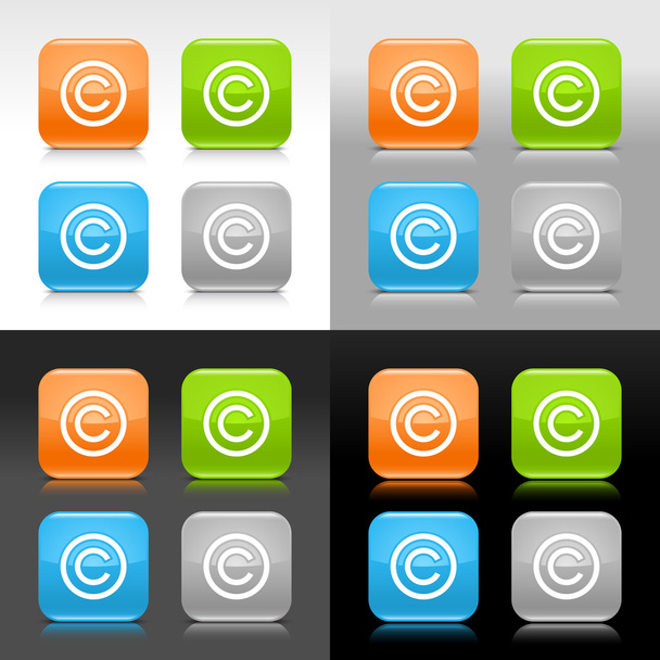 Color glossy web internet button with copyright sign. Rounded square icon with shadow and reflection on four background. This vector saved in 8 eps. Do not contain effects and transparency - Vektor, kép