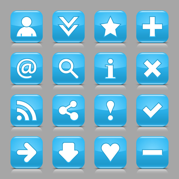16 glossy blue button with white basic sign. Rounded square shape internet web icon with black shadow and reflection on light gray background. This vector illustration design elements saved 8 eps - Vector, Image