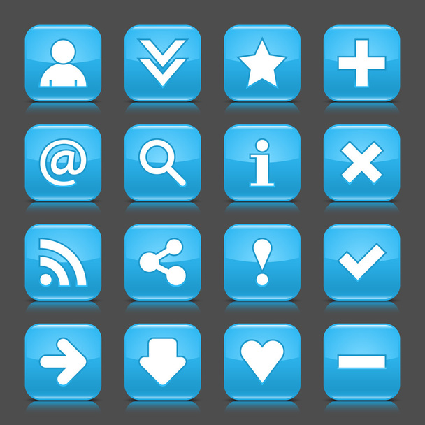基本的な記号の光沢のある青いアイコンを 16。角の丸い正方形インターネット web ボタン色反射と暗い灰色の背景上の黒い影。この図のベクトルのデザイン要素を保存 8 eps - ベクター画像