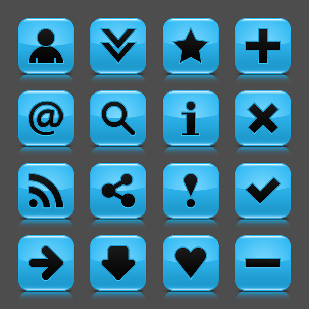 16 blauwe pictogram met fundamentele web zwart teken. glanzende afgeronde vierkante vorm internet knop met druppel schaduw en kleur transparantie reflectie donker grijze achtergrond. vector illustratie ontwerp elementen 8 eps - Vector, afbeelding