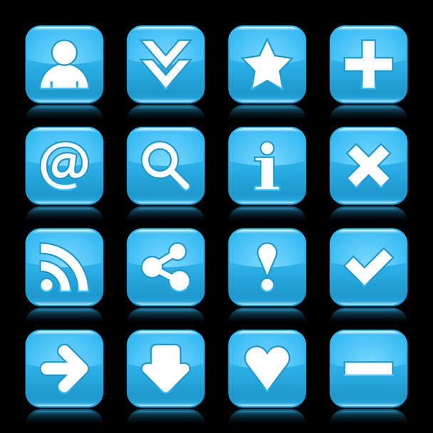 16 skla modrá ikona s černými základní znamení. tlačítko zaoblený tvar web s odleskem barvu na tmavě černé pozadí. vektorové ilustrace návrhové prvky uložené v 8 eps - Vektor, obrázek