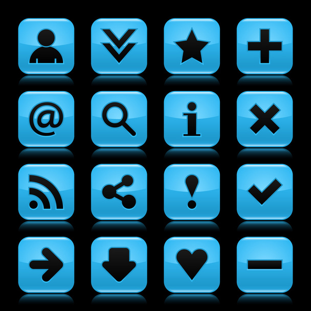 16 szkło niebieskie ikony z czarnym znakiem podstawowym. zaokrąglony kształt kwadratowy przycisk web z refleksji kolor na ciemny czarny tło. ilustracja elementów zapisanych w 8 eps wektor - Wektor, obraz