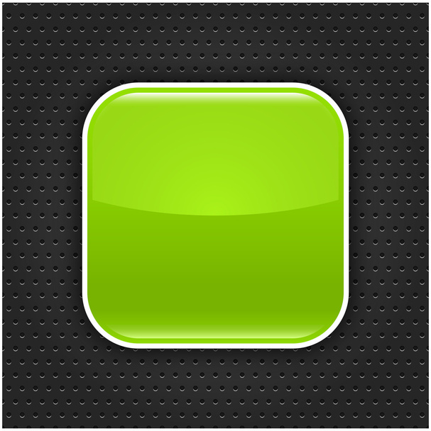 Зелена глянцева порожня веб-кнопка з білою рамкою. Закруглена піктограма квадратної форми з чорною тінь. Темно-сіра текстура перфорації металу на фоні. Ця векторна ілюстрація збережена за 10 eps
 - Вектор, зображення