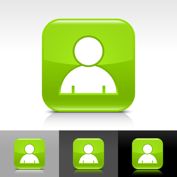 zielony przycisk błyszczący z profilu użytkownika biały znak. zaokrąglony kształt kwadrat ikona z odbicie, cień na tle biały, szary, czarny. ilustracja sieci web elementów projektu w 8 eps wektor - Wektor, obraz