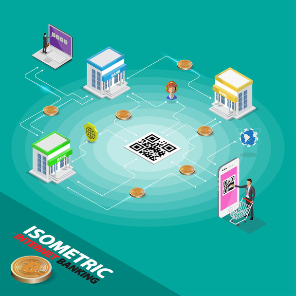 Isometric social network. Growth background with person lines mobile computer tablet and laptop, circles and integrate flat icons. Connected symbols for business digital, interactive, market, connect, communicate, global concepts. Vector illustration - Wektor, obraz