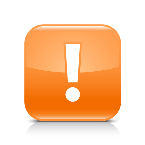 注意警告のサインを持つオレンジ色の光沢のある web ボタン。影と白い背景に反射と丸みを帯びた正方形のアイコン。このベクトル図作成および 8 eps 形式で保存 - ベクター画像