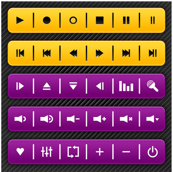 Yellow and violet media control navigation panel with drop shadow on gray and black strip background. This vector illustration created and saved in 10 eps - Vektor, kép