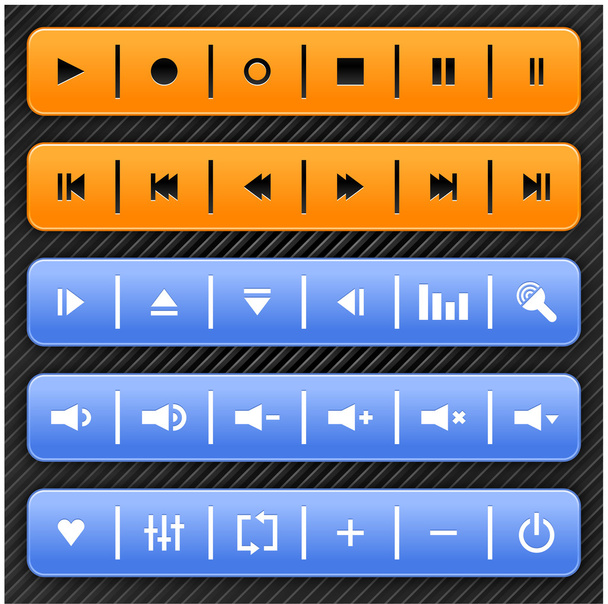 Panel de navegación de control de medios naranja y azul con sombra de caída sobre fondo gris y negro. Esta ilustración vectorial creado y guardado en 10 eps
 - Vector, imagen