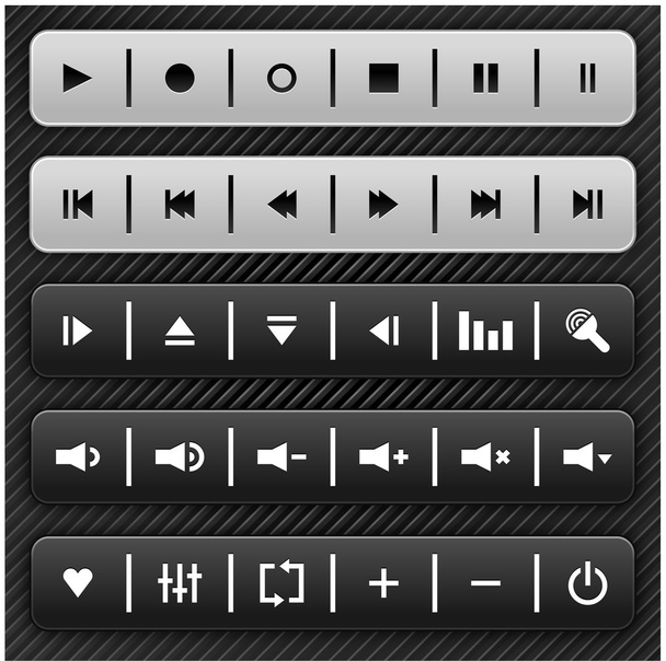 Gray and black media control navigation panel with drop shadow on gray and black strip background. This vector illustration created and saved in 10 eps - Vektor, kép