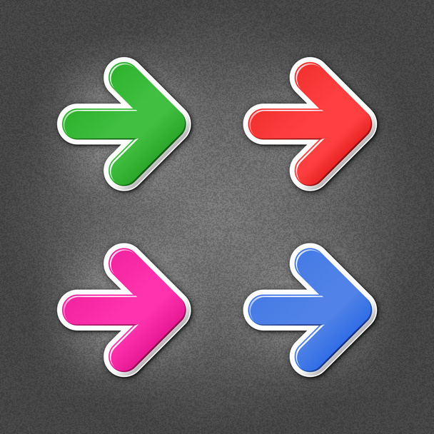 4 gekleurde pijl teken stickers. groen, rood, paars, kobalt internet web knop met slagschaduw op grijze achtergrond met ruiseffect glad. deze vector illustratie ontwerpelement opgeslagen in 10 eps - Vector, afbeelding