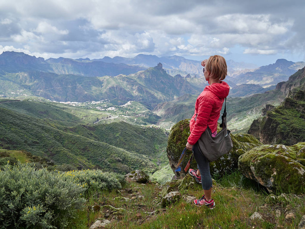 Young woman tourist standing on cliff's edge admiring landscape, Gran Canaria, Spain - Photo, Image