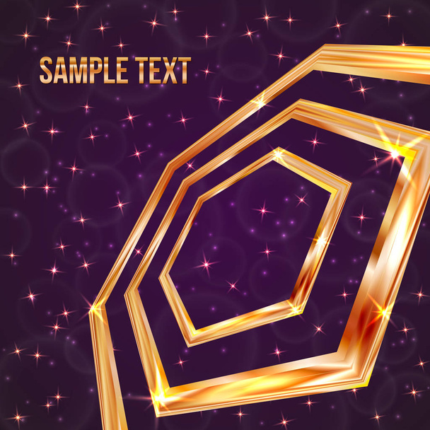 Bright golden hexagon on a dark purple background with sparkling stars and particles. Luxury gold vector illustration. Easy to edit design template for your business projects. - Vettoriali, immagini
