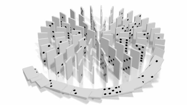 3D-animatie van het domino-effect - vallende witte tegels met zwarte stippen, spiraalvorm. - Video