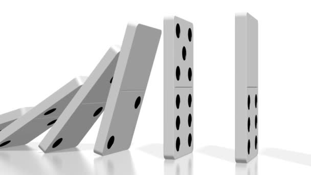 3D-animatie van het domino-effect - vallende witte tegels met zwarte stippen.  - Video