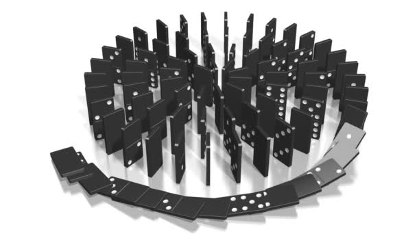 3D-animatie van het domino-effect - zwarte tegels met zwarte stippen, spiraalvorm vallen. - Video