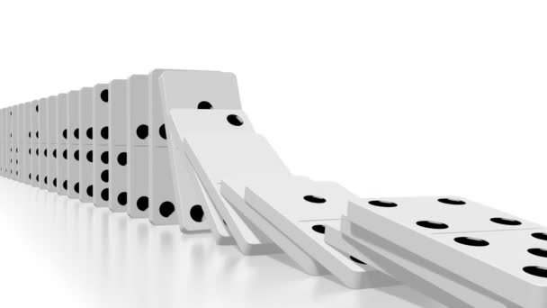 3D-animatie van het domino-effect - witte tegels met zwarte stippen, na camera vallen.  - Video