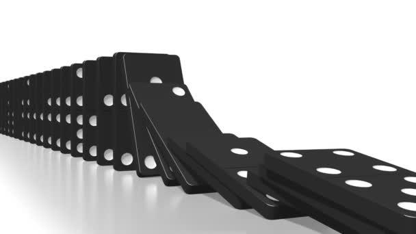 3D-animatie van het domino-effect - zwarte tegels met witte stippen, na camera vallen. - Video