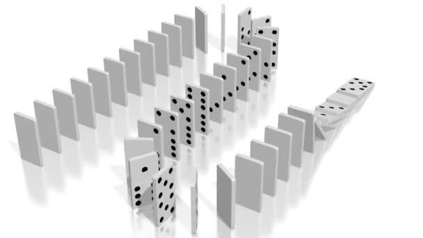 3D-animatie van het domino-effect - witte tegels met zwarte stippen, na camera vallen. - Video