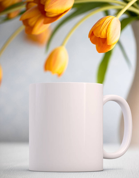 White Mug Mockup - Easter theme. Blank white mug next to pretty orange tulips. Perfect for businesses selling mugs, just overlay your quote or design on to the image. - Photo, Image