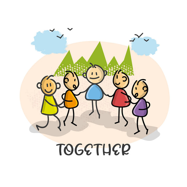 Doodle cartoon figure people or friend meet together for meeting or playing vector illustration. - Vector, Image