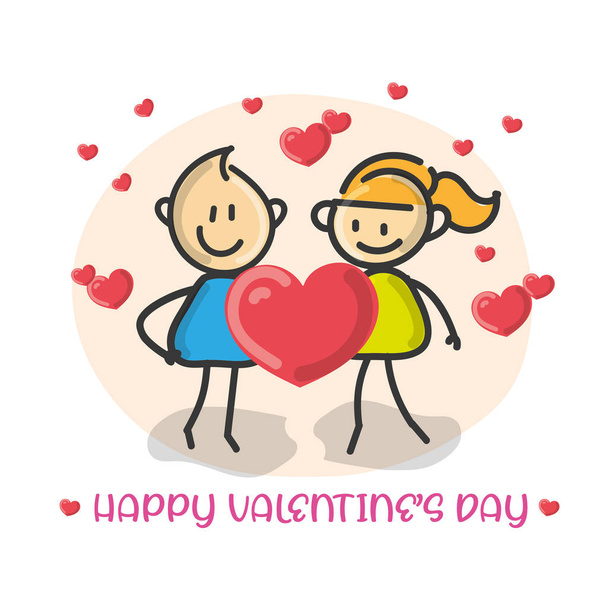 Doodle rajzfilm figura fiú és lány gazdaság egy piros szerelem szív szöveg boldog Valentin-napot vektoros illusztráció. - Vektor, kép