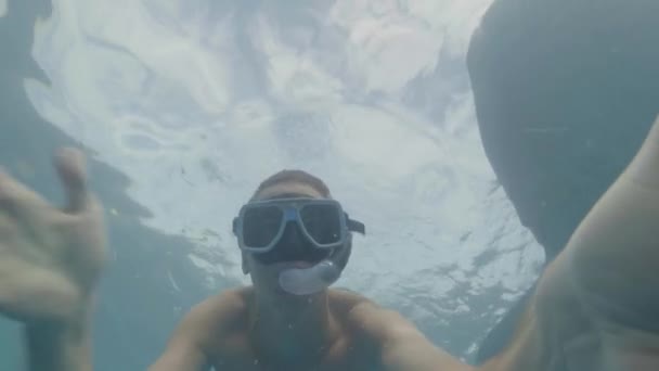 Man snorkeler in mask and tube swimming among wild whale shark in clear sea water and shooting selfie video. Man snorkeling and watching whale shark in ocean. Underwater view wild sea animal. - Footage, Video