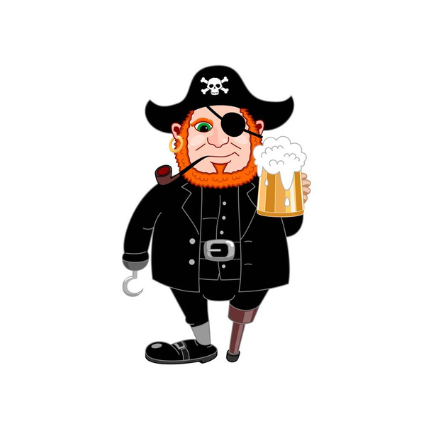 International conversation as a pirate day. Eye patch, hand hook, wooden leg, smoking pipe and beer mug. Cover filibuster. Bones and Skull. Head of a corsair is a red beard. Vector illustration - Vektor, Bild