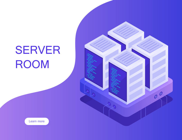 Konzept des Serverraums. Hosting mit Cloud-Datenspeicher und Serverraum. Server-Rack. moderne Vektordarstellung im isometrischen Stil - Vektor, Bild
