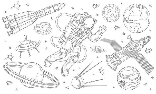 Wektor ilustracja astronauta pływające w przestrzeni między planety, satelity i rakiety. - Wektor, obraz