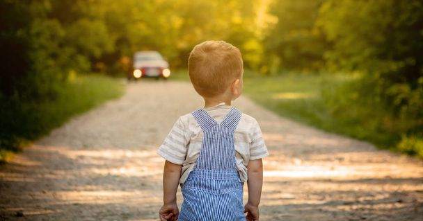 A little boy on a road in the forest. Danger on the road. The child is in danger on the road. - Фото, изображение
