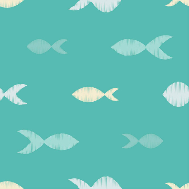 Seamless pattern with fishes in the sea. Cute cartoon. Brushwork. Hand hatching. Doodle. Can be used for wallpaper, textile, invitation card, wrapping, web page background. - Vector, imagen