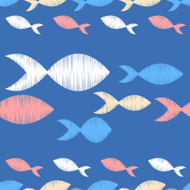 Seamless pattern with fishes in the sea. Cute cartoon. Brushwork. Hand hatching. Doodle. Can be used for wallpaper, textile, invitation card, wrapping, web page background. - Vector, Image