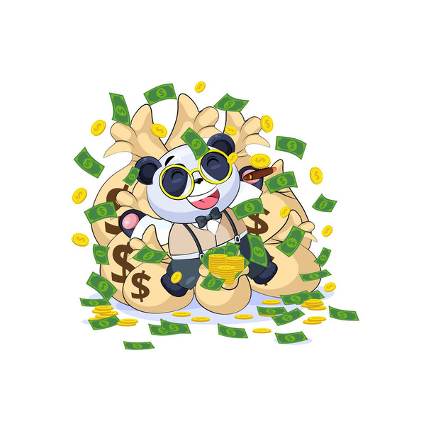 panda en costume d'affaires se trouve heureux sur l'argent des sacs
 - Vecteur, image