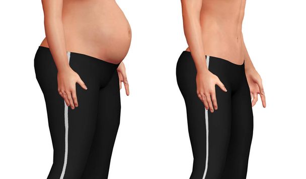 female belly before after the weight loss process with loss of body fat and increased abdominal muscle mass. White background. 3D illustration - Zdjęcie, obraz