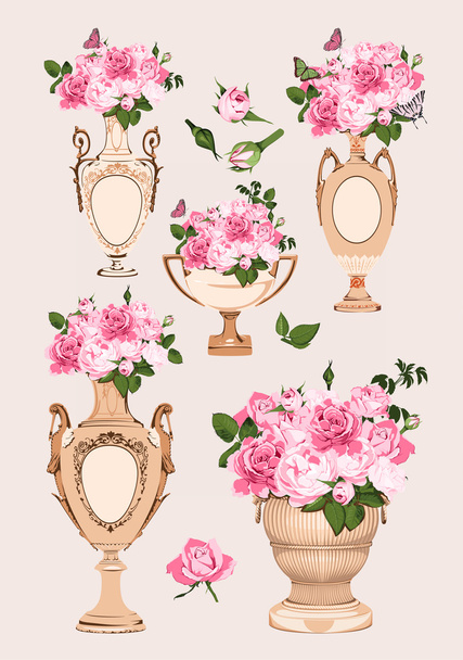 collection of vases, roses on pink background - ベクター画像