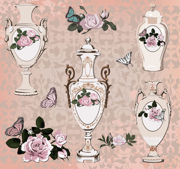 collection of vases, roses and butterfly - ベクター画像