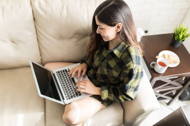 Высокоугольный вид молодой женщины, работающей в социальной сети на ноутбуке дома
 - Фото, изображение