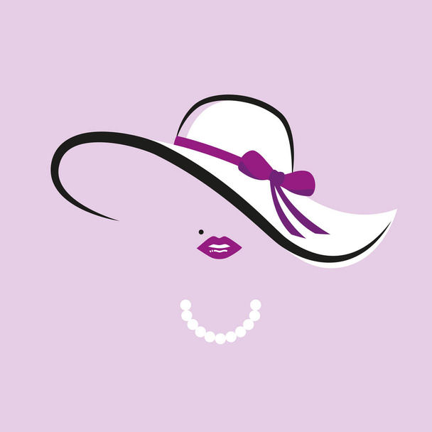 Леди в элегантной шляпе с фиолетовым луком и жемчужным ожерельем
 - Вектор,изображение